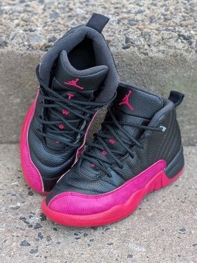 Kids Black and Pink Jordan 12 2y